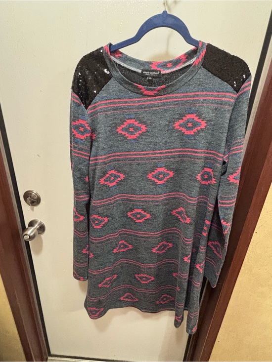 Simply Southern Tops - Simply Southern Charcoal Gray & Pink Aztec Long Sleeve Top with Sequin Shoulders